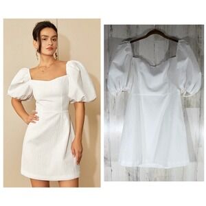 AEL AmyEnjoyLife Mini Dress Size Large White Seersucker Puff Sleeve Smocked Back